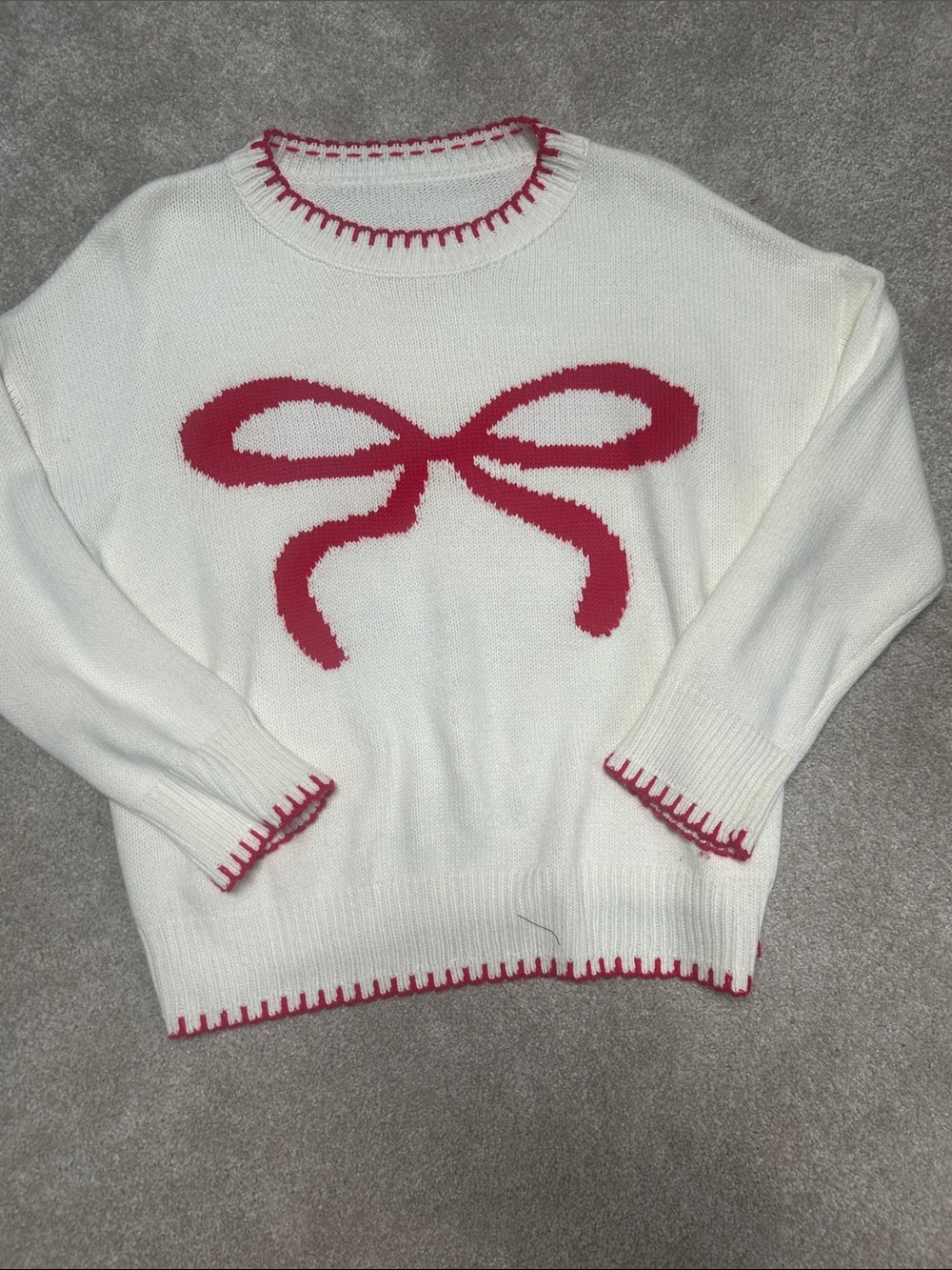 Cream Sweater with Red Bow Intarsia